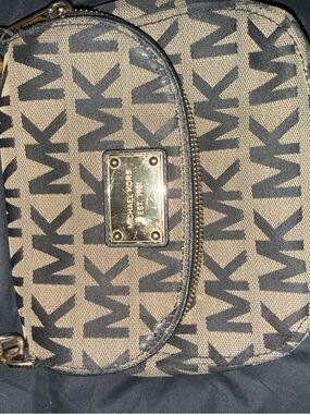 Michael Kors Beige and Black MK Logo Crossbody with Gold Plate Accent